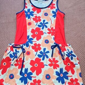 Sunshine Swing Floral Sleeveless Dress with Red and Blue Accents